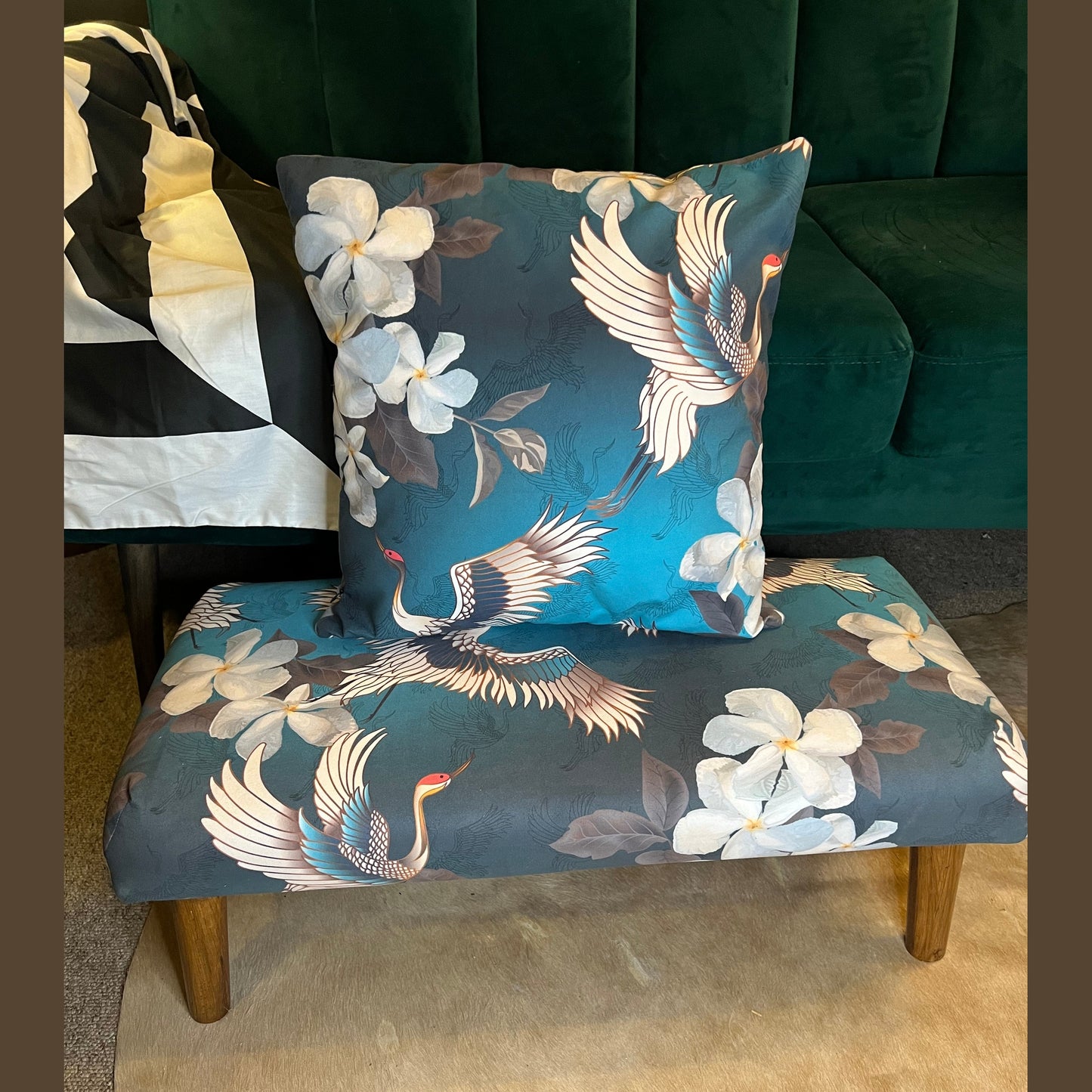 Japanese cranes luxury velvet Footstool