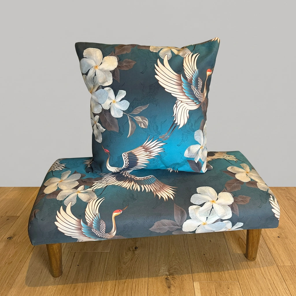 Japanese cranes | Teal & Grey Velvet | Footstool