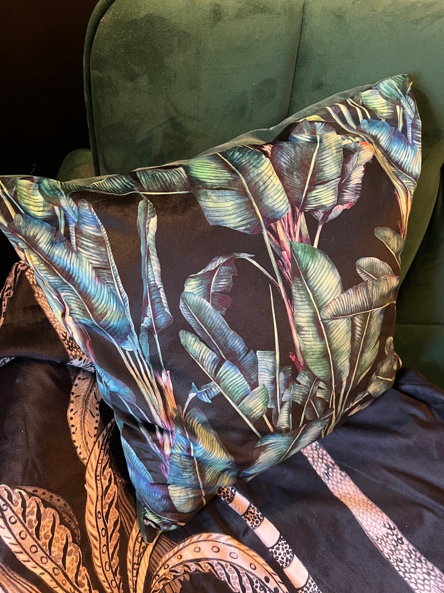 Palm leaf luxury black velvet cushion