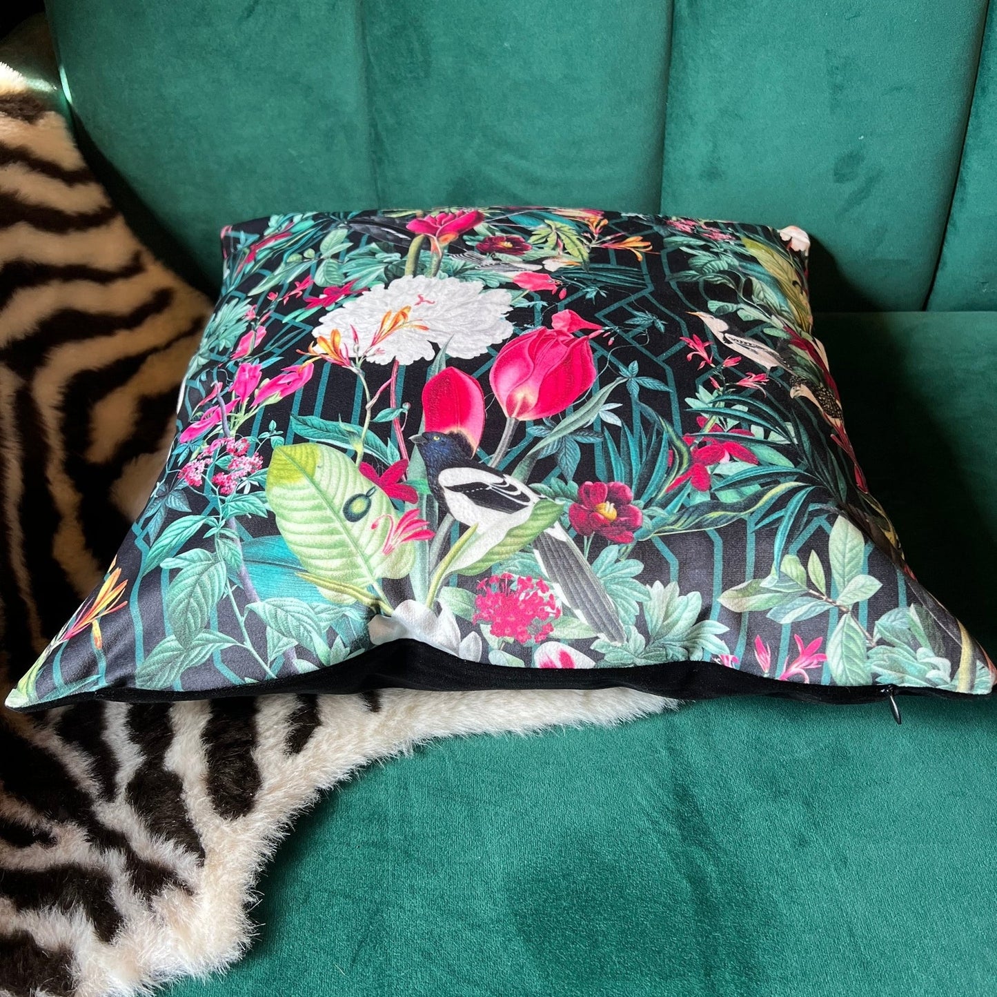 Geometric birds luxury black velvet cushion