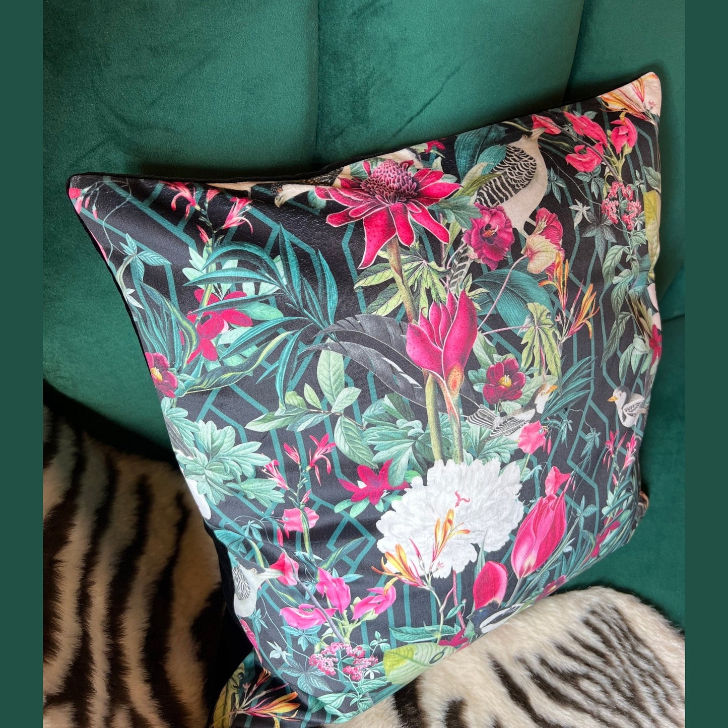 Geometric birds luxury black velvet cushion