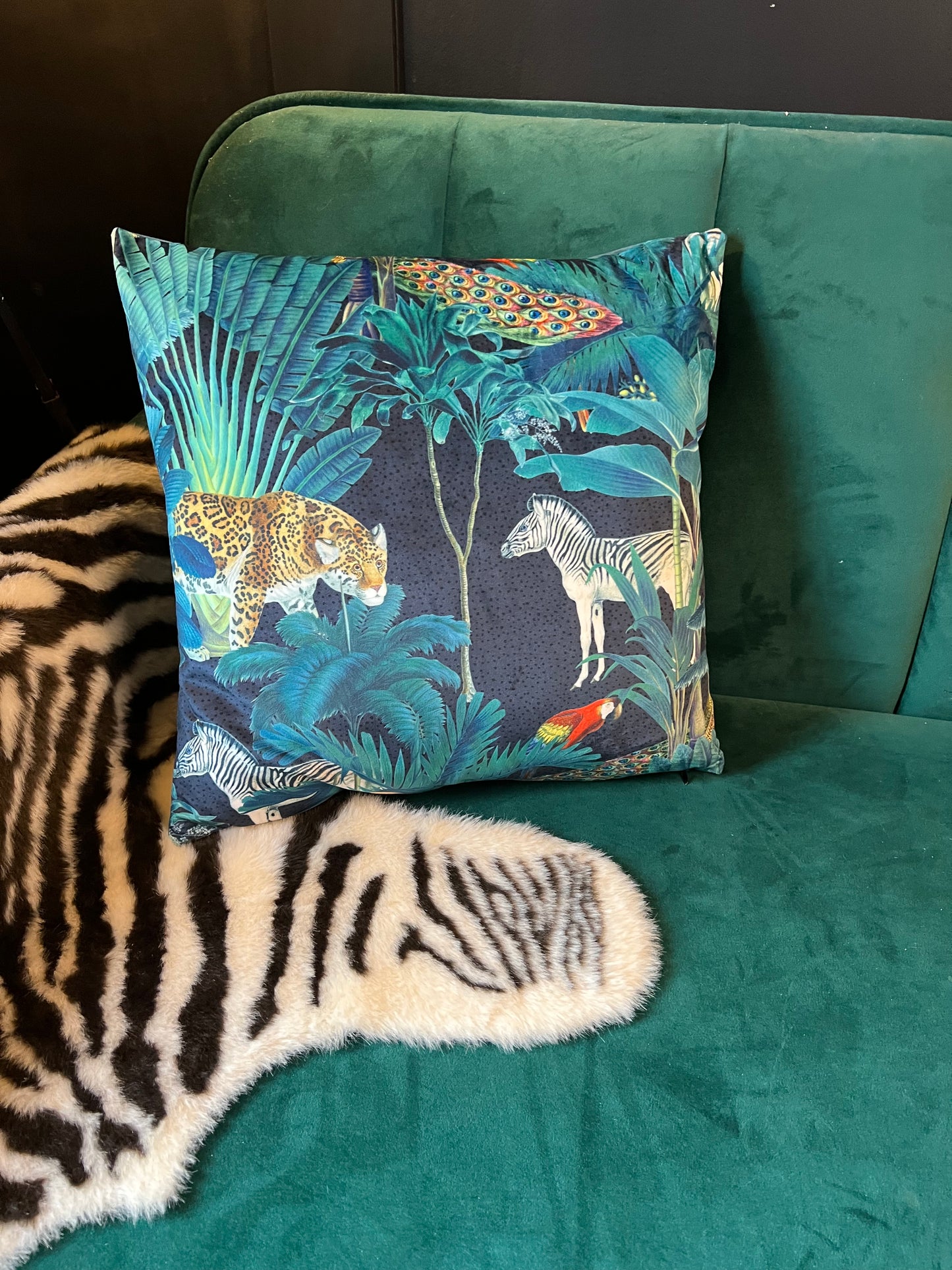 Tropical paradise parrot and toucan jungle velvet cushion