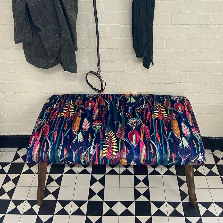 Navy velvet botanical lily bench