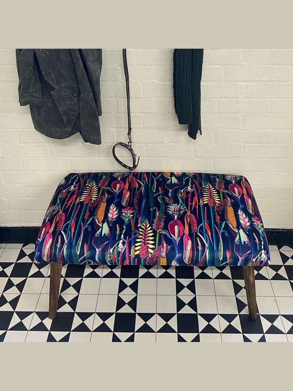Navy velvet botanical lily bench