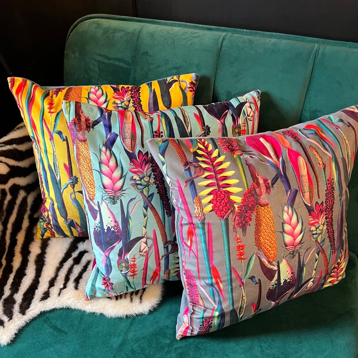 Botanical lily luxury mustard velvet cushion