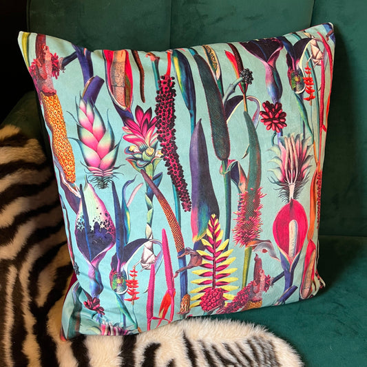 Botanical lily turquoise luxury velvet cushion