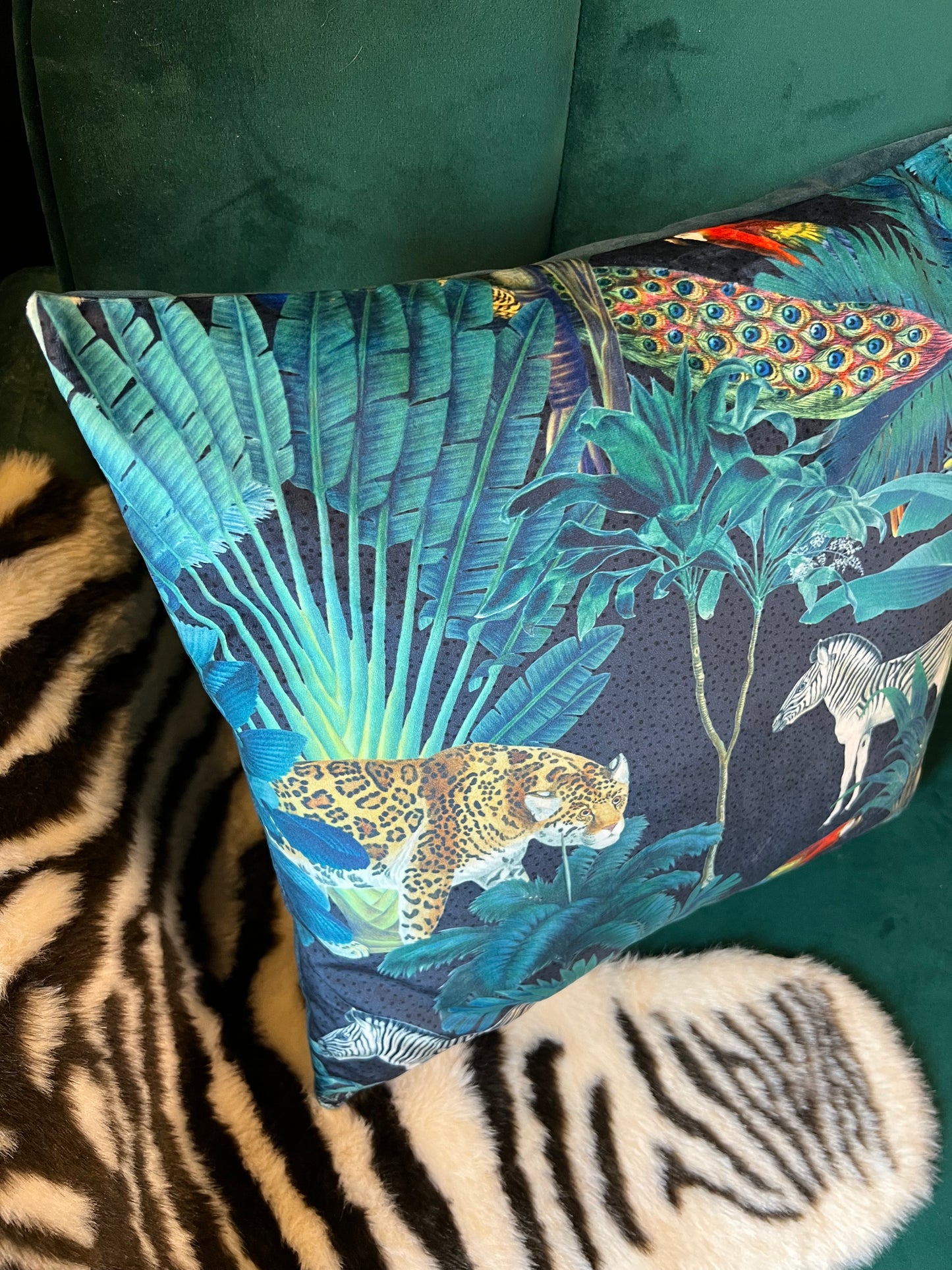 Tropical paradise parrot and toucan jungle velvet cushion
