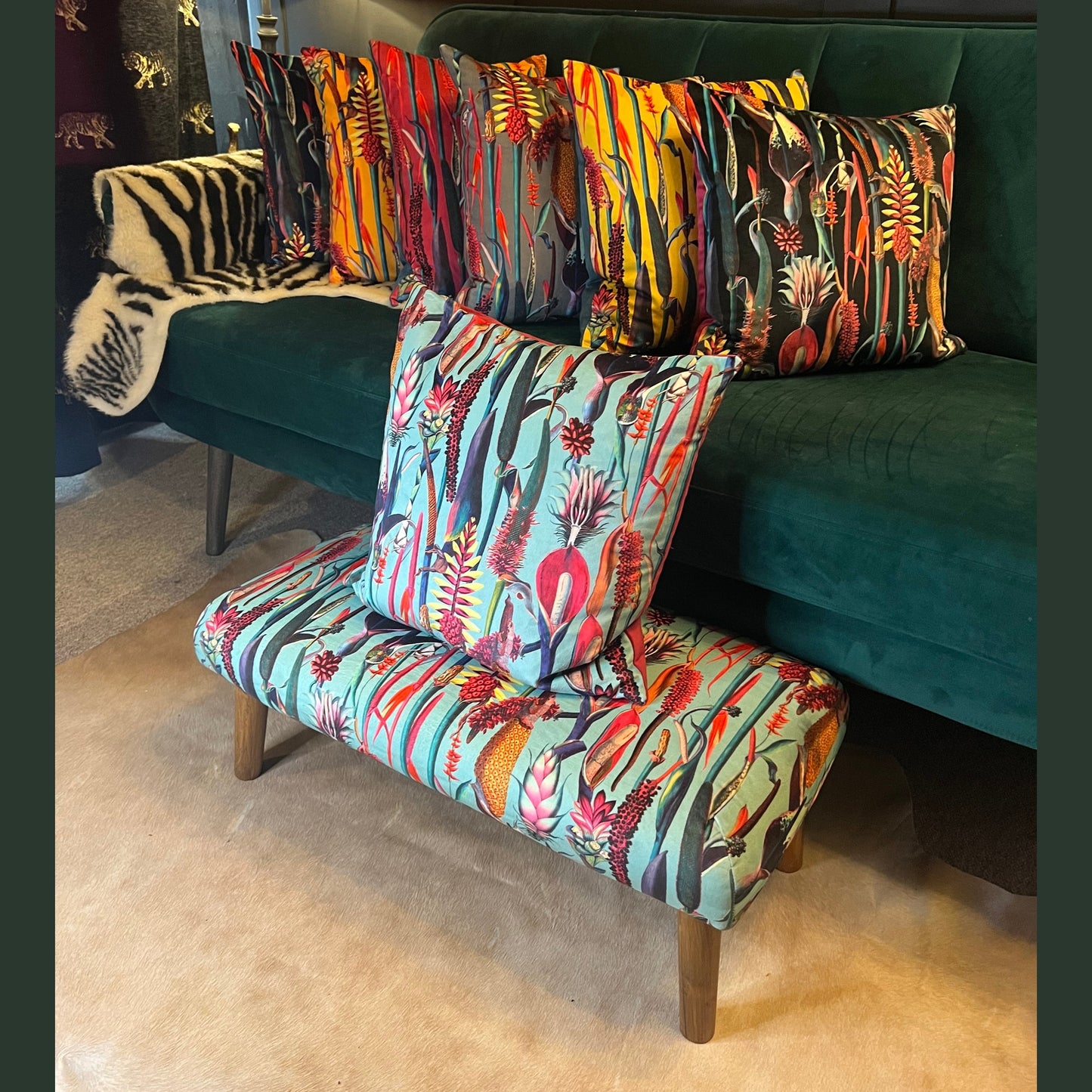 Turquoise botanical lily velvet Footstool