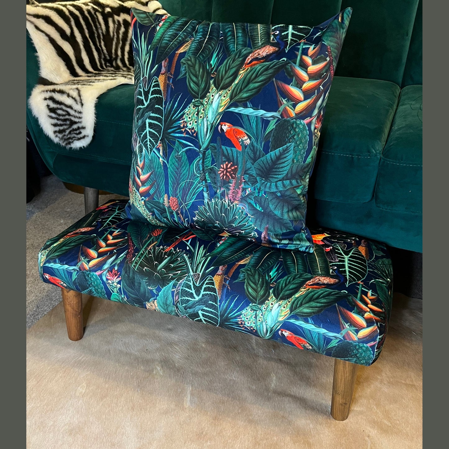 Rainforest jungle parrot toucan peacock luxury navy velvet Footstool