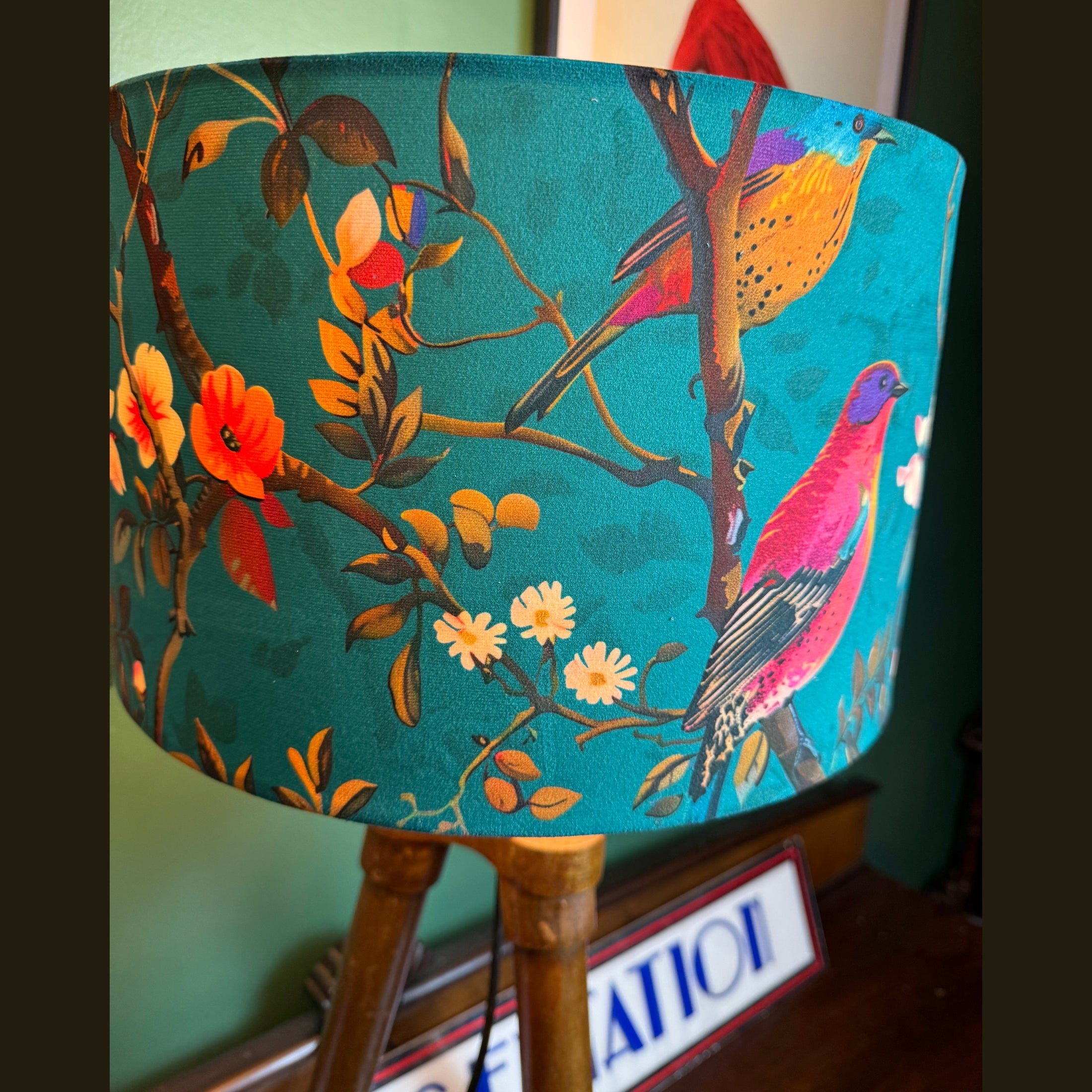 PERCHING BIRDS | TEAL & PINK VELVET | HANDMADE | Lampshade