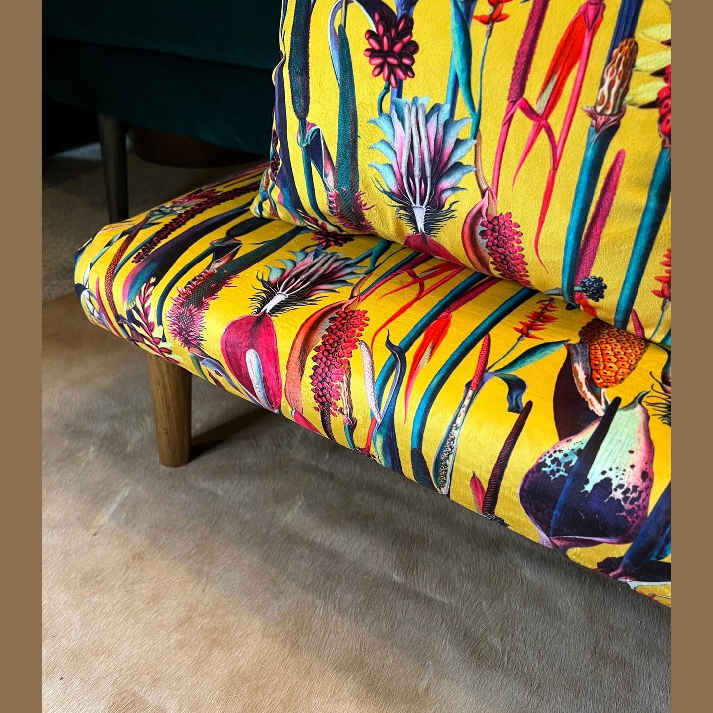 Yellow botanical lily velvet Footstool