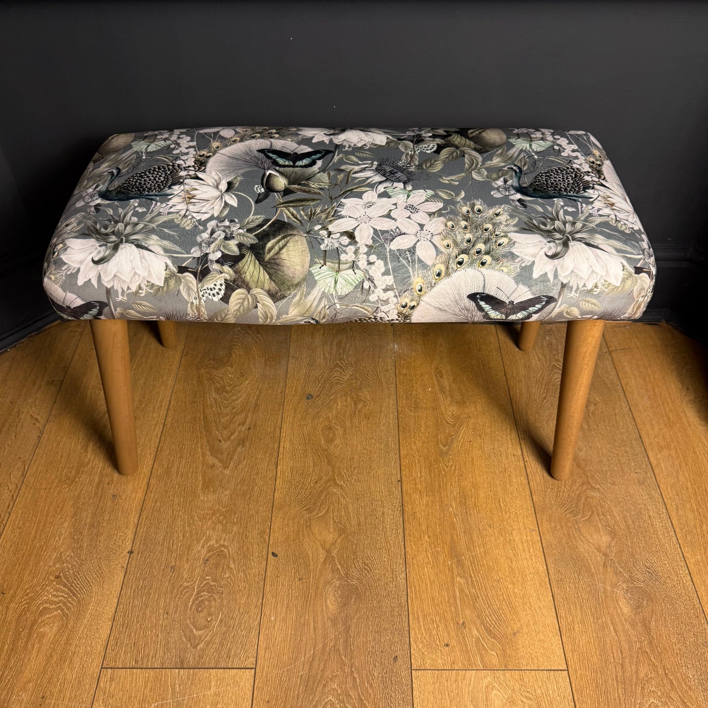 Grey peacocks and butterflies velvet bench seat / shoe seat / boot room bench