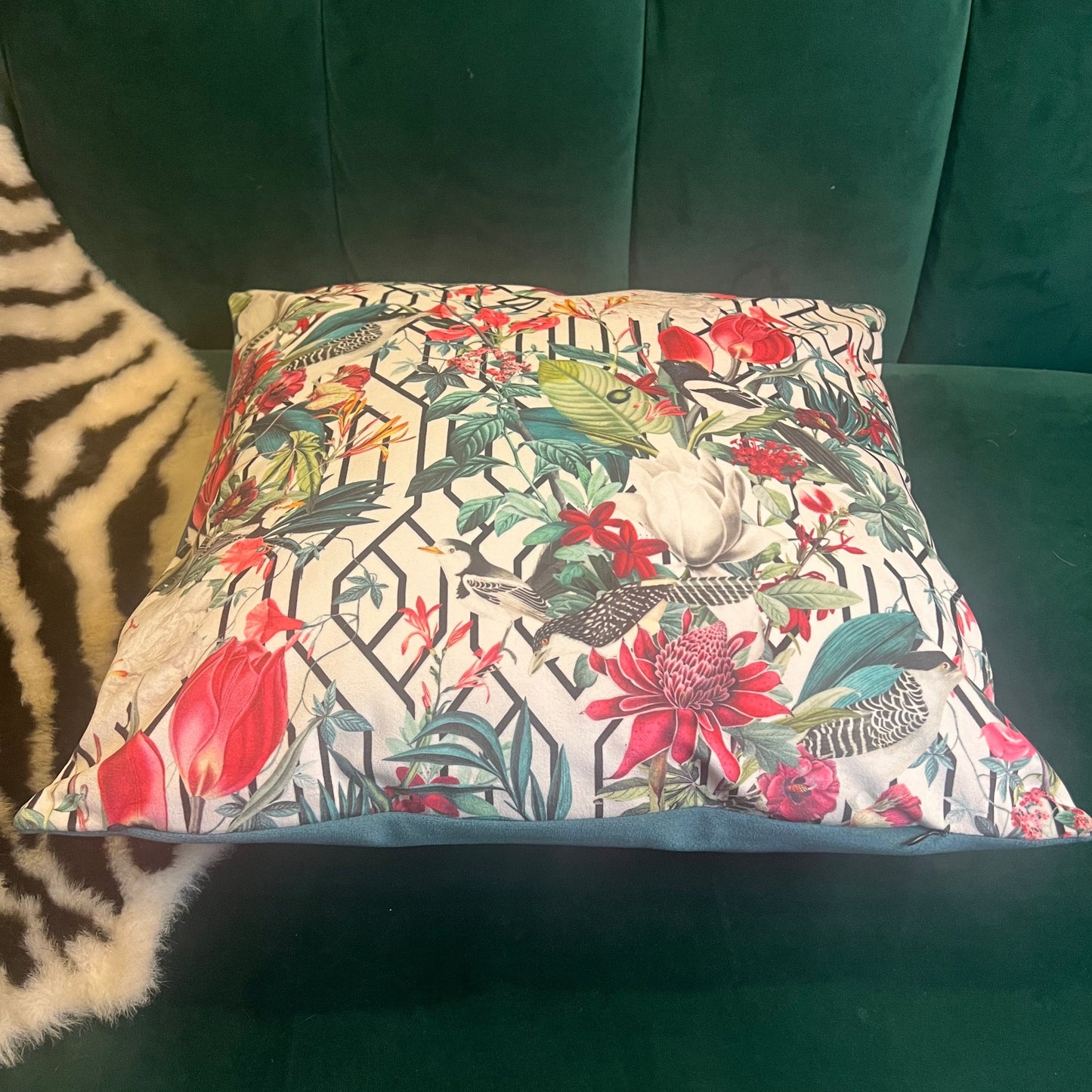 Geometric birds luxury white velvet cushion