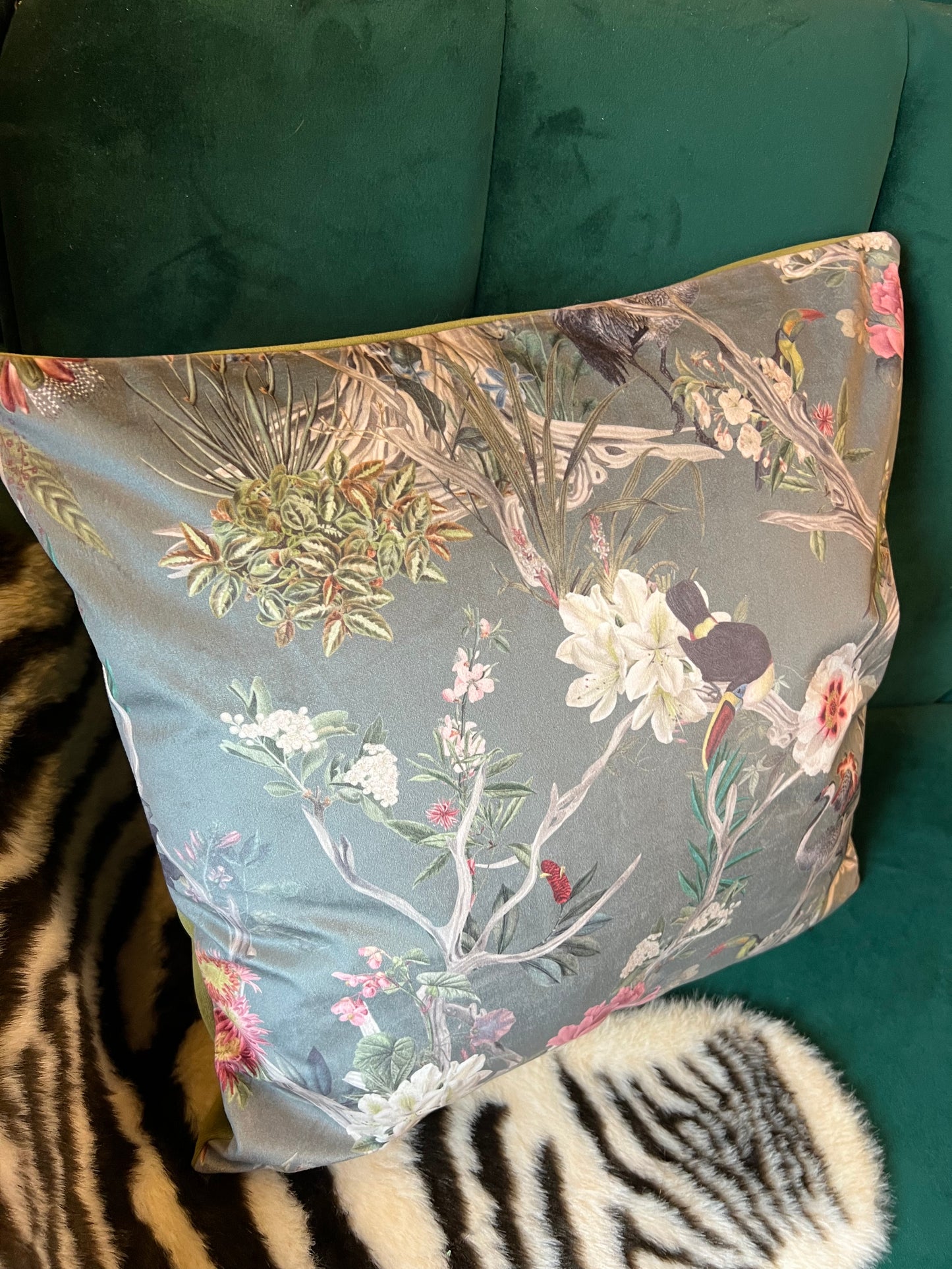 Oriental paradise luxury grey velvet cushion