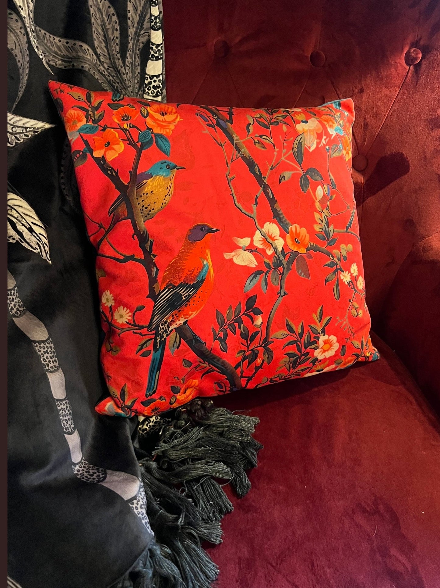 Perching birds pink luxury velvet feather filled cushion