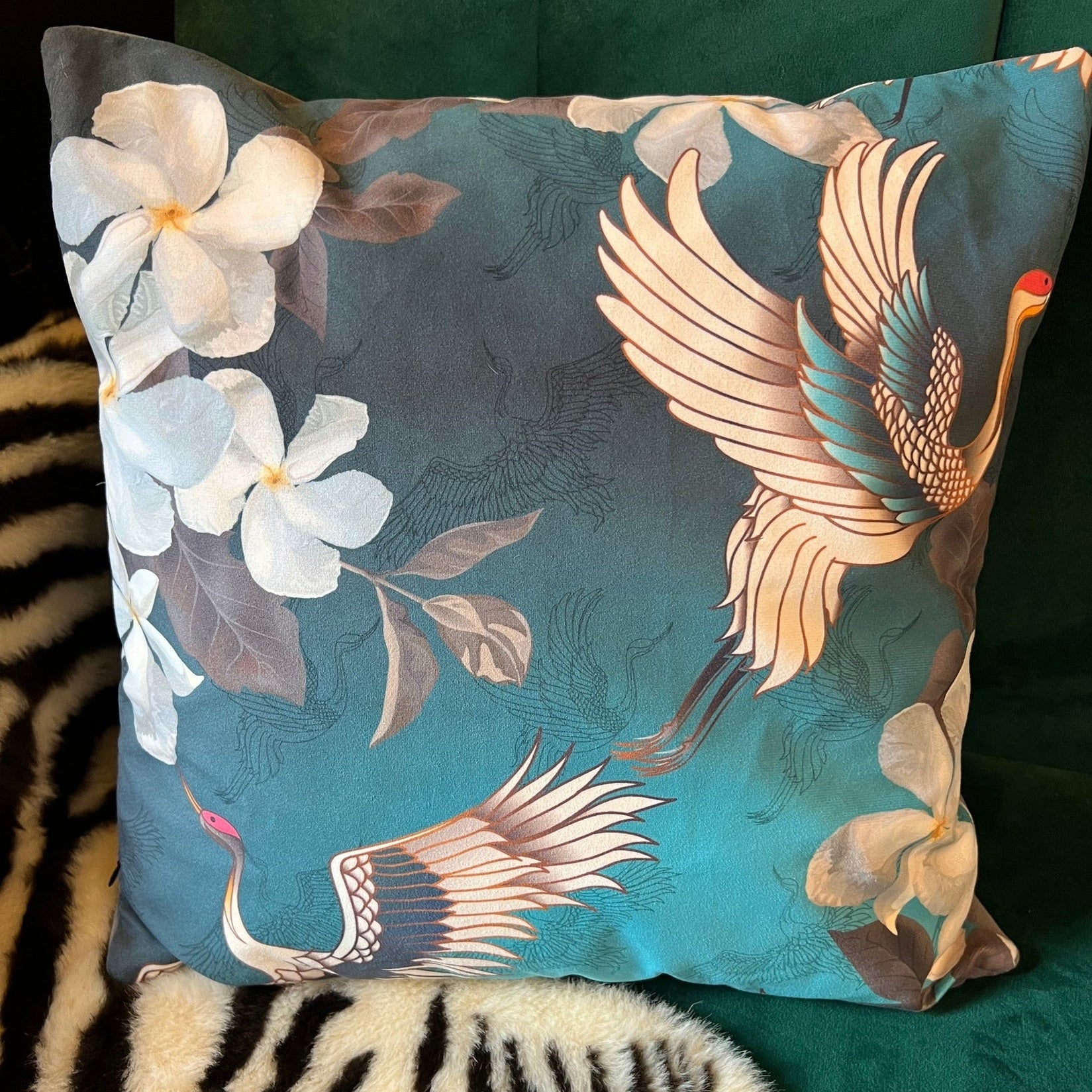 Japanese Cranes | Teal & White Velvet | Cushion