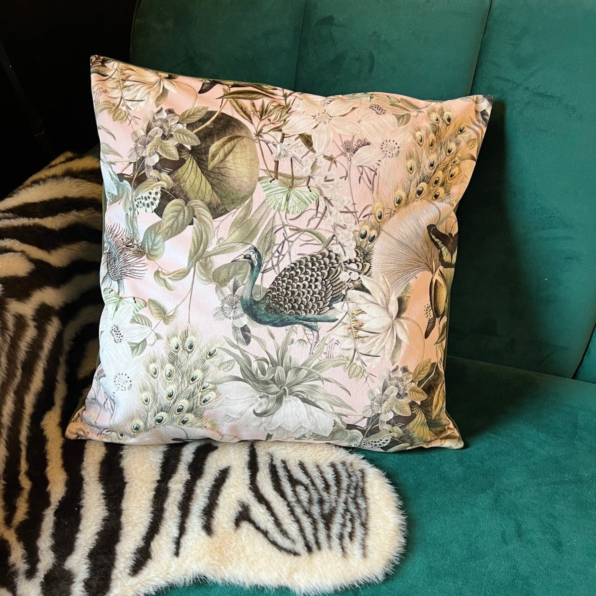 Peacocks and butterflies luxury pink velvet cushion