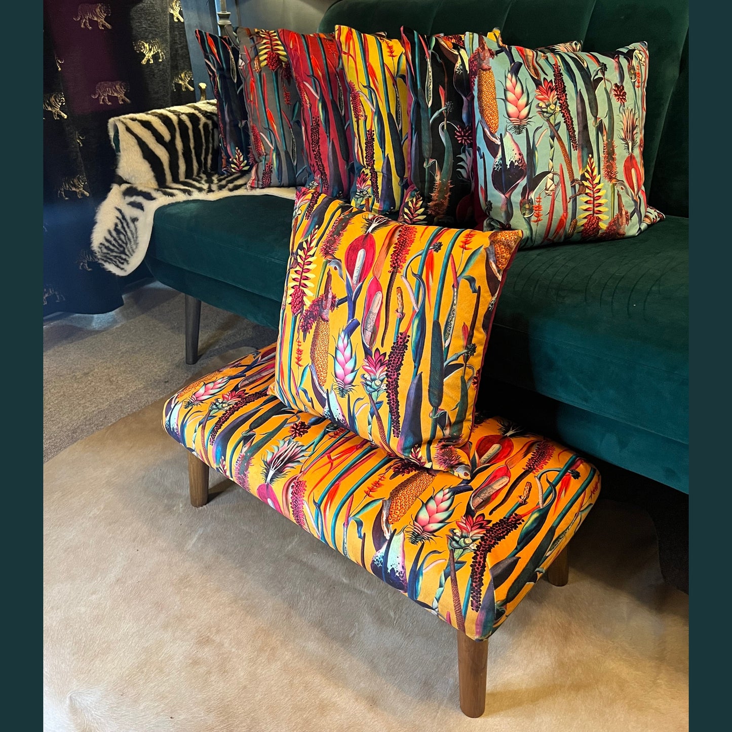 Botanical lily mustard velvet Footstool