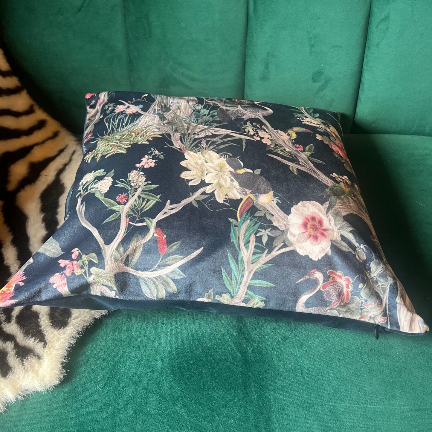 Oriental paradise luxury navy velvet cushion
