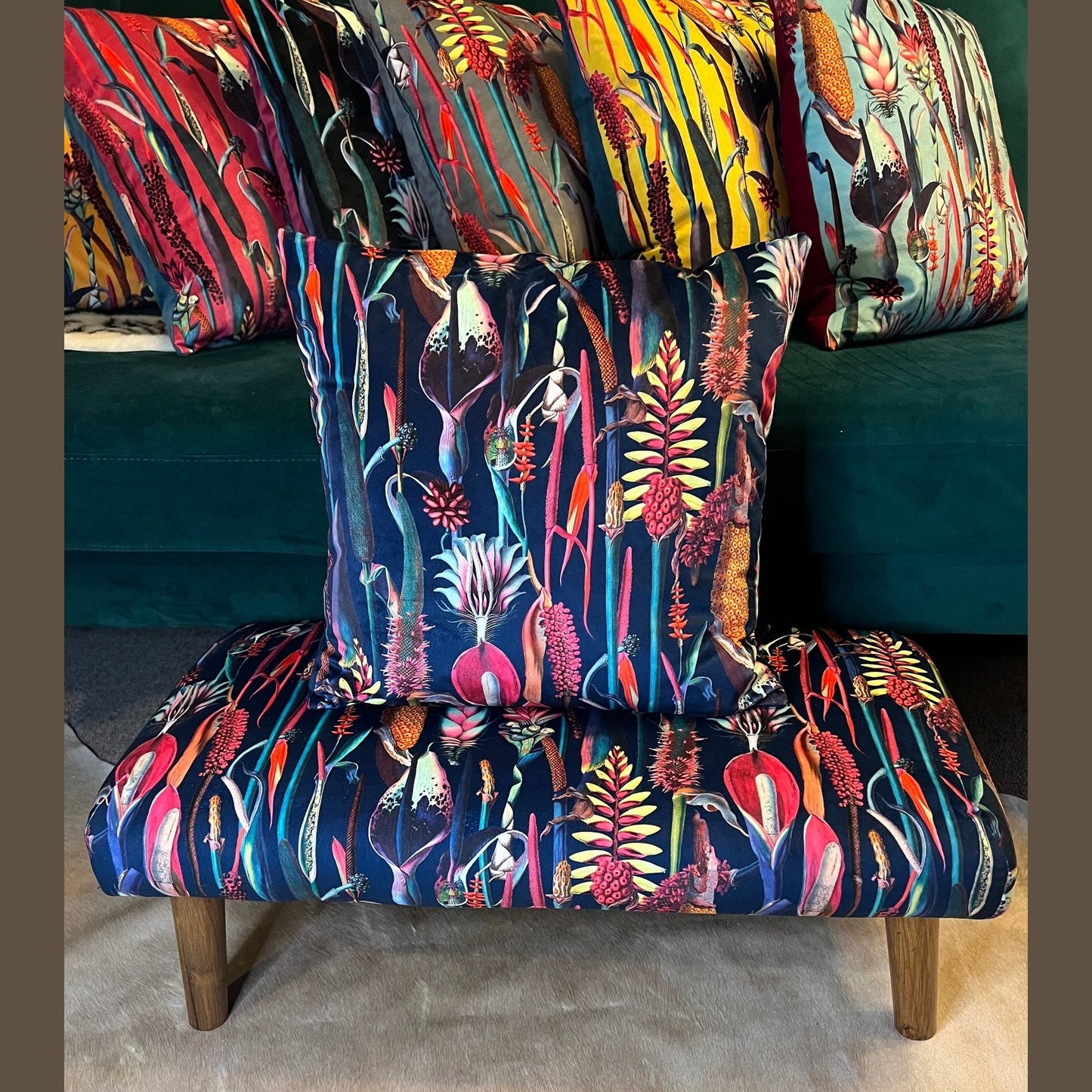 Botanical lily navy velvet Footstool