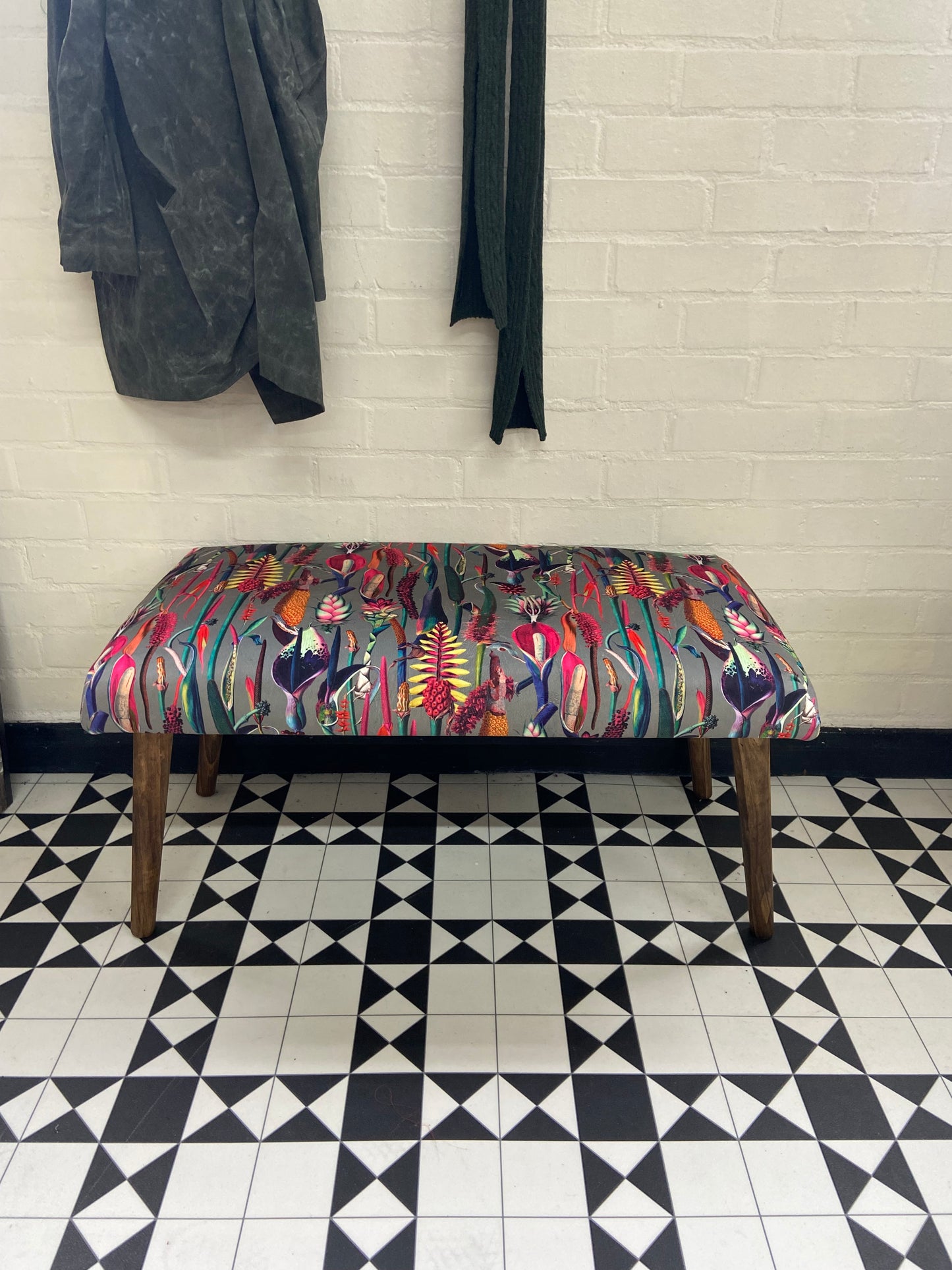 Grey velvet botanical lily bench
