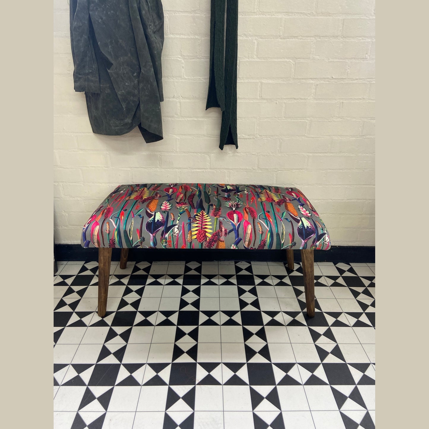 Grey velvet botanical lily bench