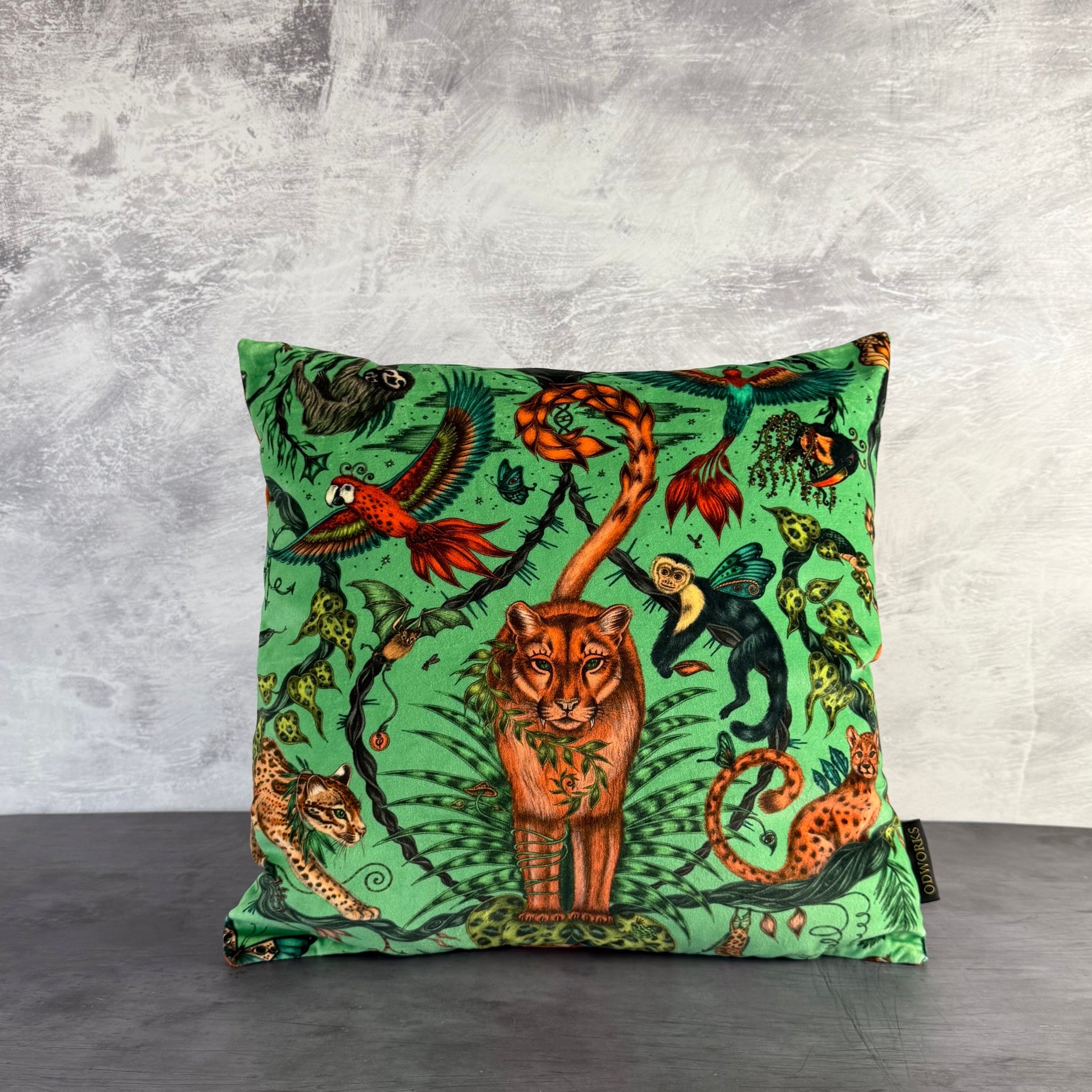 Bosque Dreams Cat | Green & Orange Velvet | Emma J Shipley | Cushion