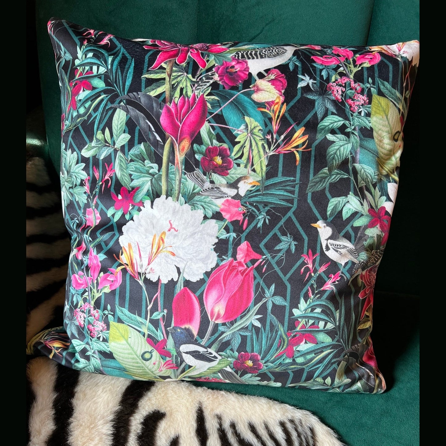 Geometric birds luxury black velvet cushion