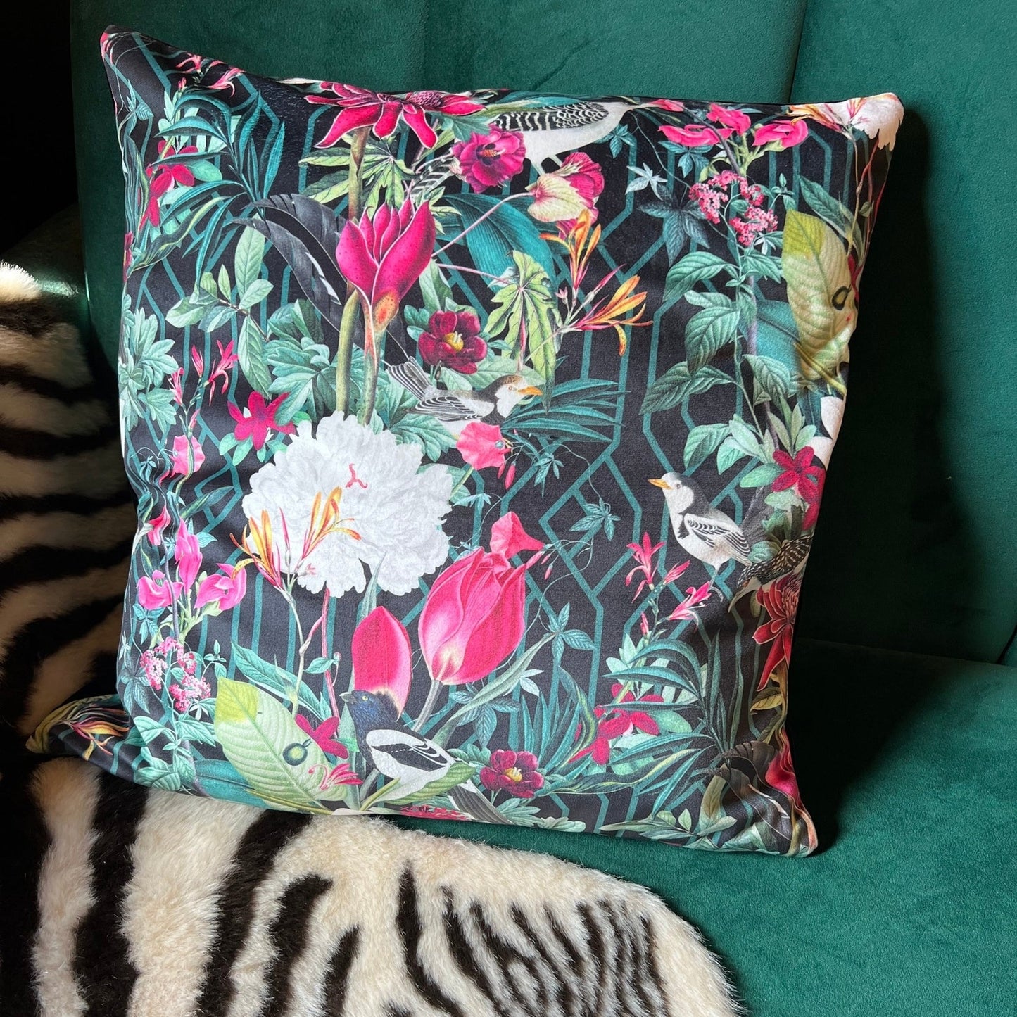 Geometric birds luxury black velvet cushion