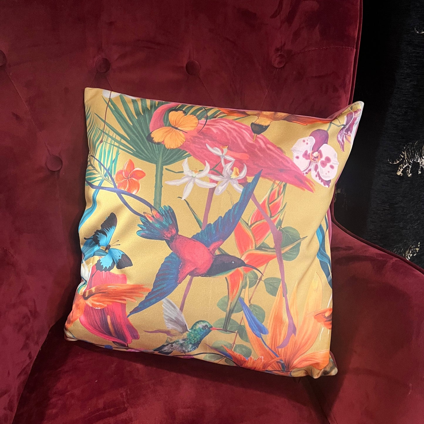 Tropical humming birds luxury velvet cushion