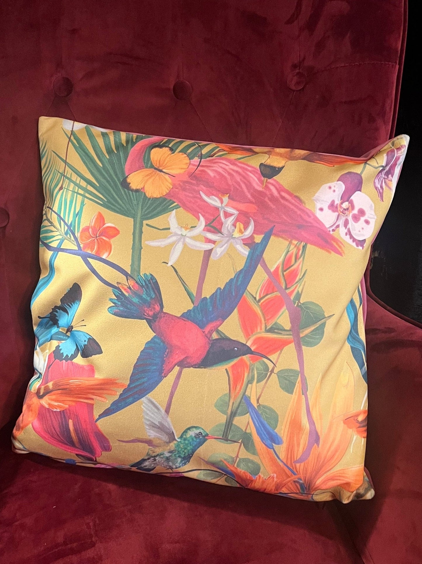 Tropical humming birds luxury velvet cushion