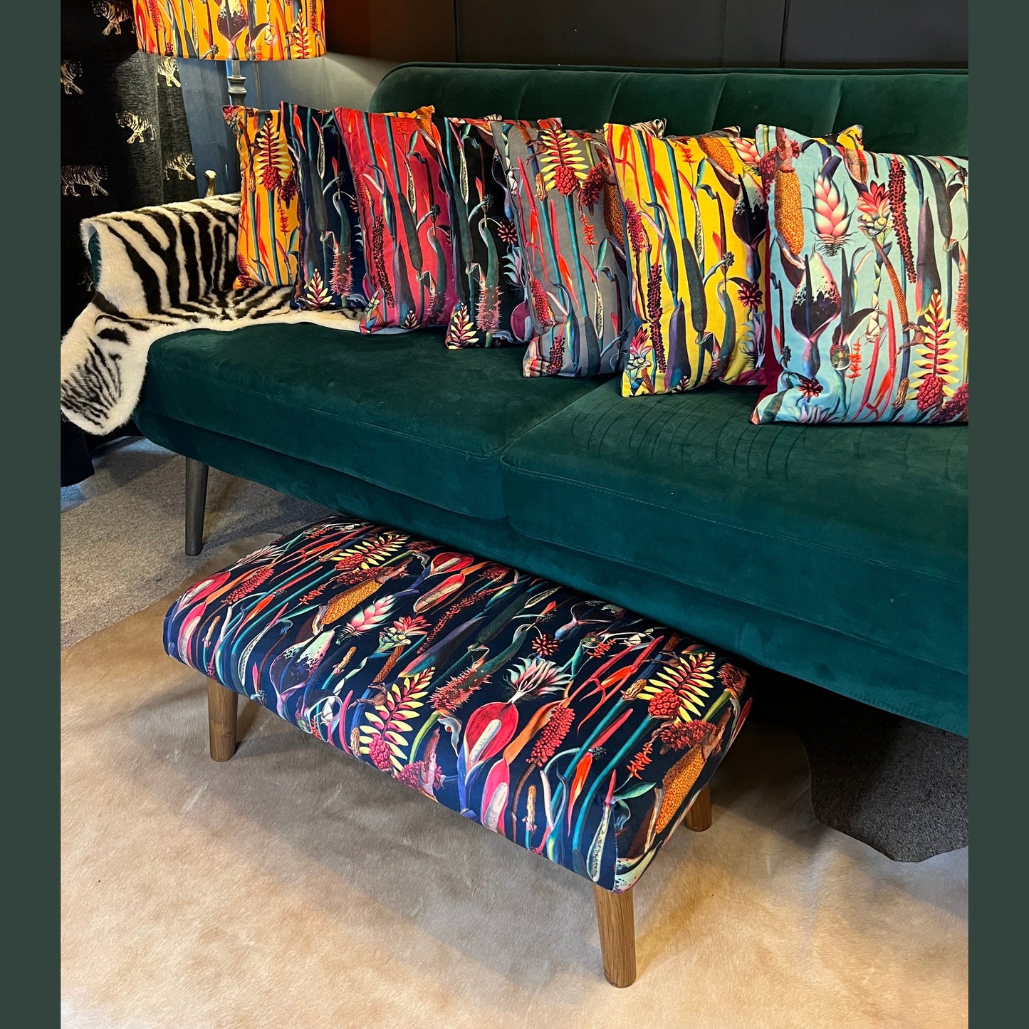 Botanical lily navy velvet Footstool