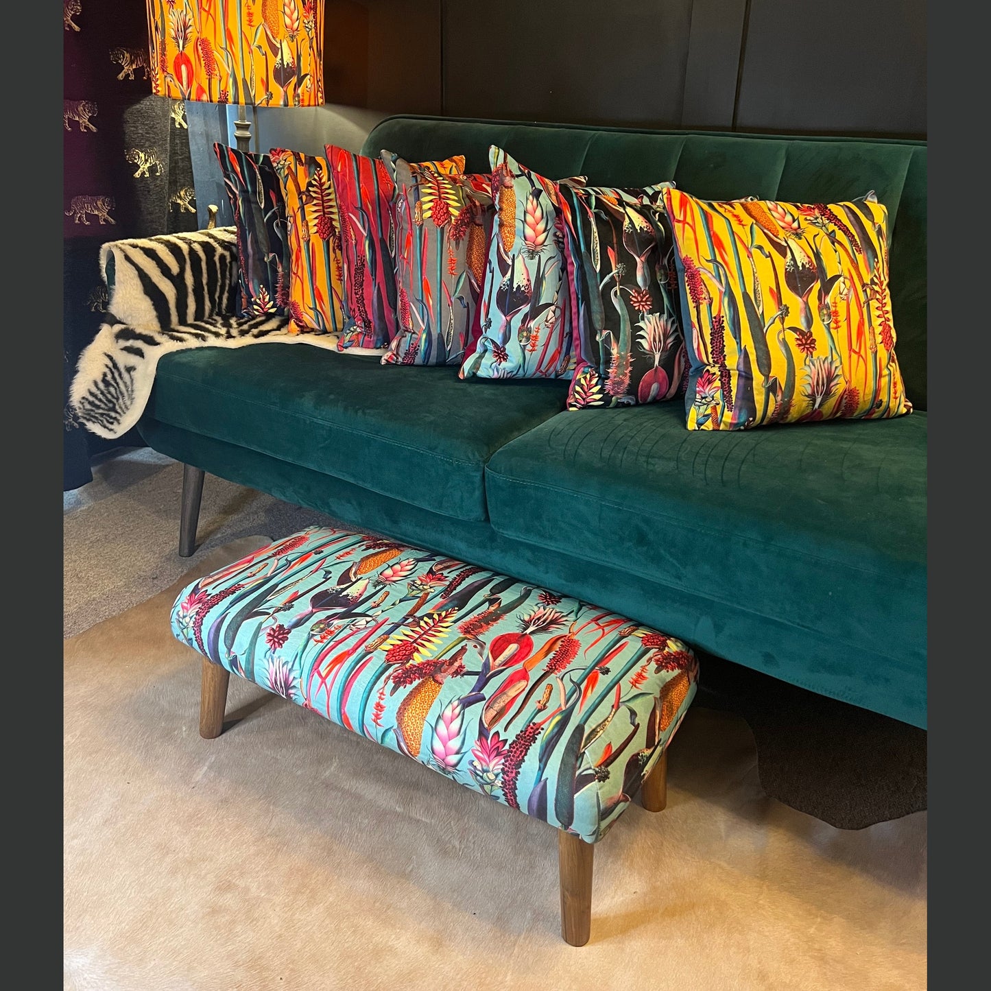 Turquoise botanical lily velvet Footstool