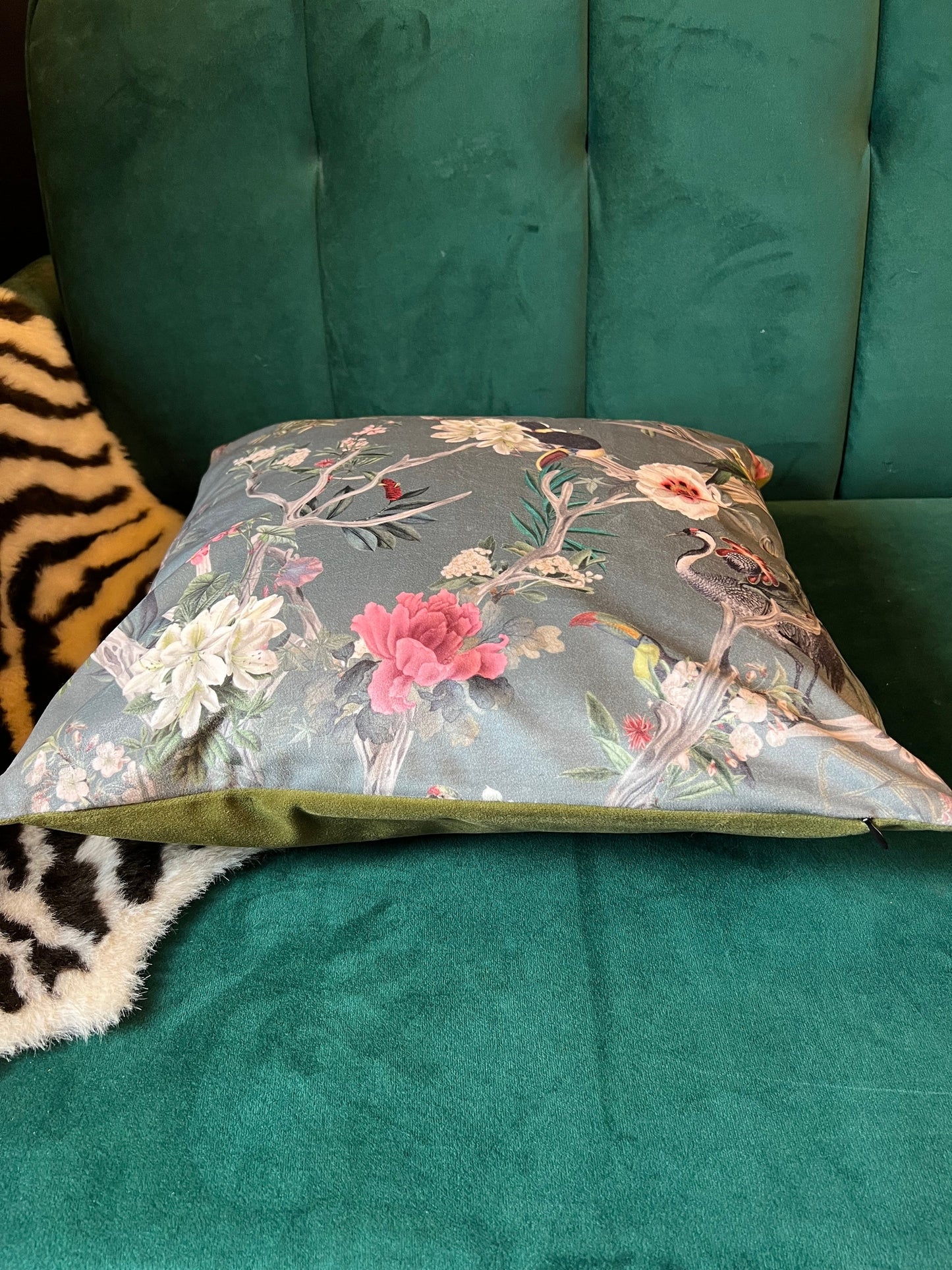 Oriental paradise luxury grey velvet cushion