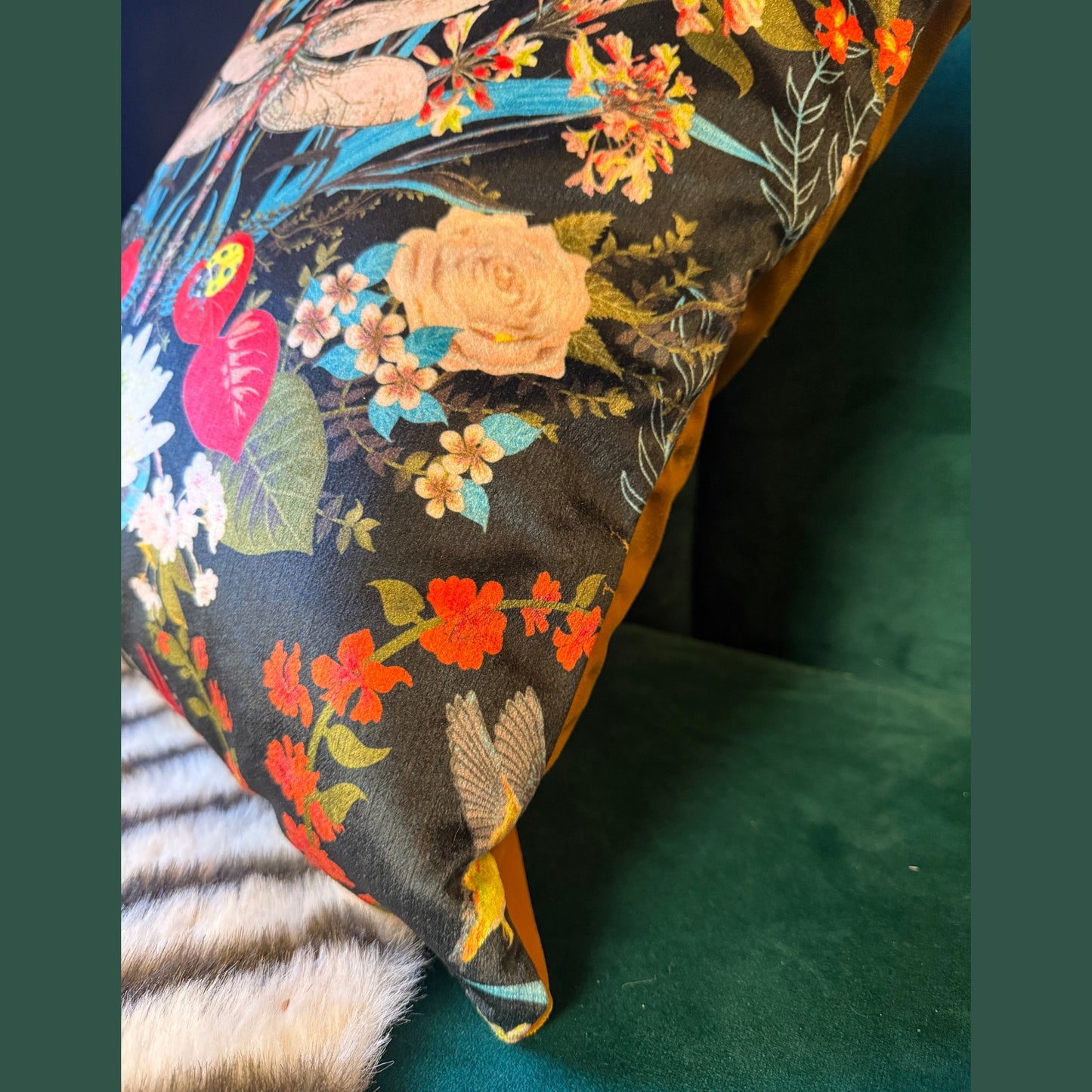 Garden treasures black and gold luxury velvet cushion Becca Who