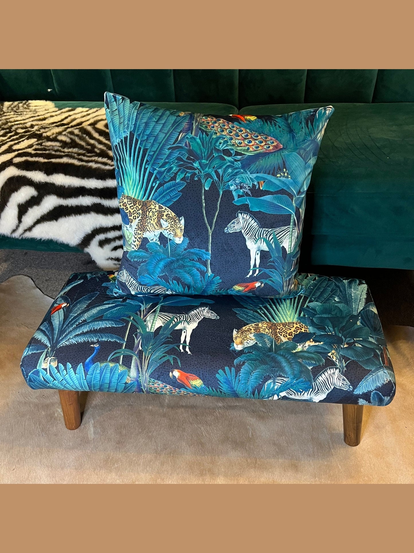 Tropical Jungle parrot & toucan velvet Footstool
