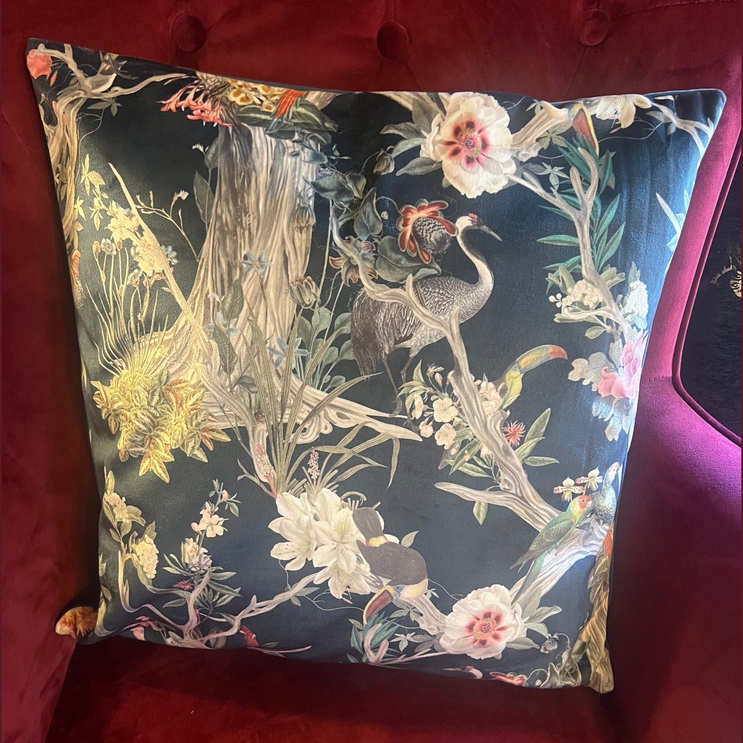 Oriental paradise luxury navy velvet cushion