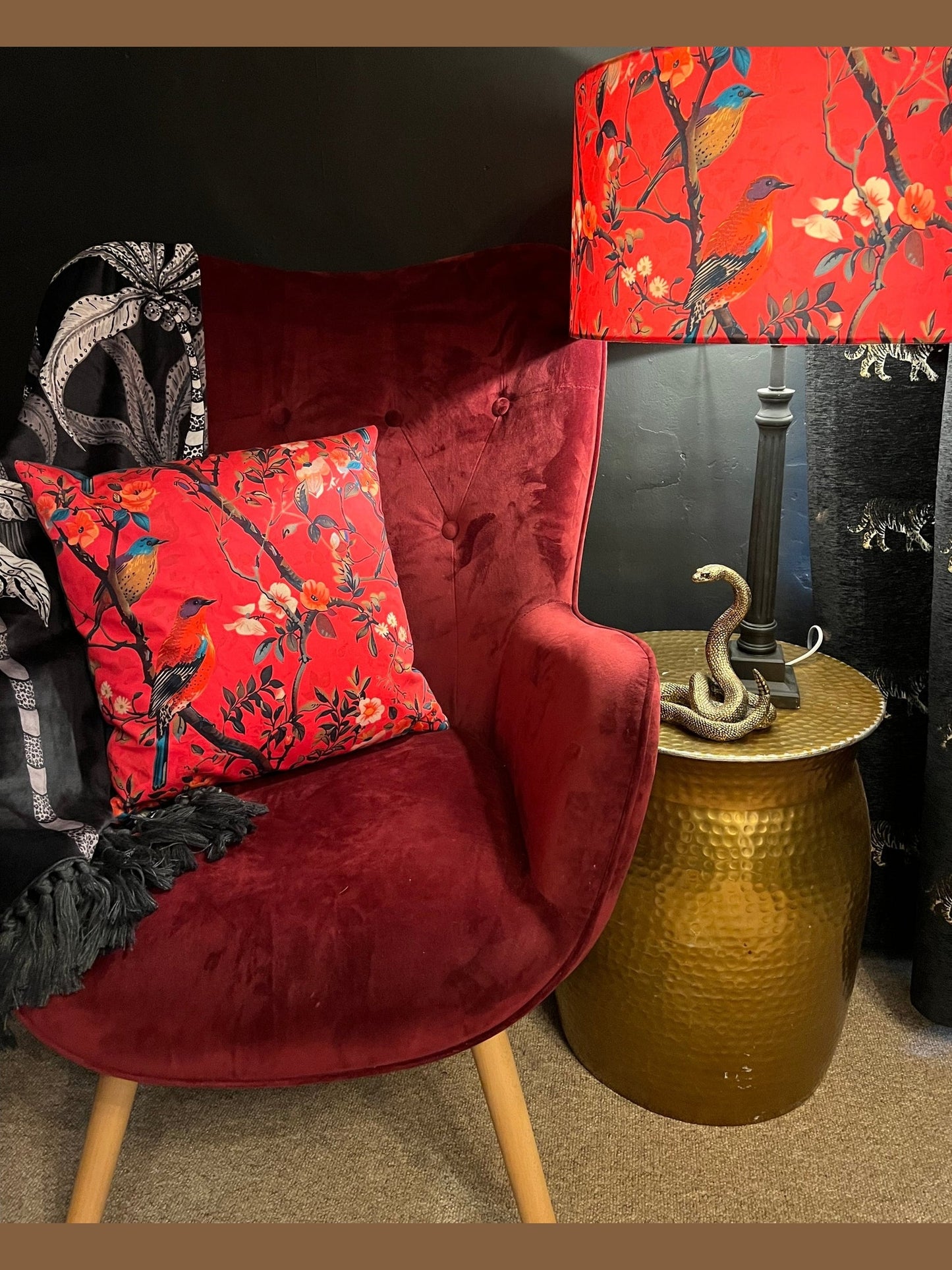 Perching birds pink luxury velvet feather filled cushion