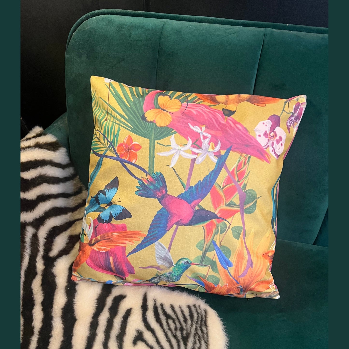 Tropical humming birds luxury velvet cushion