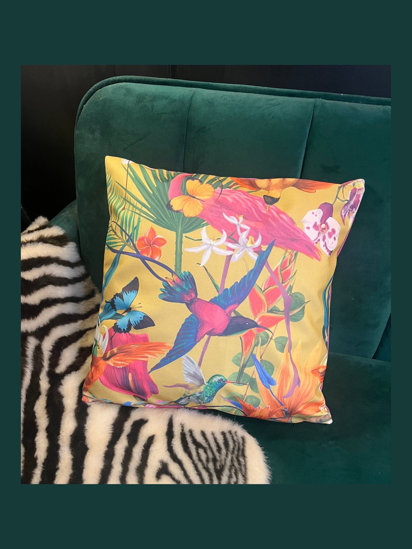 Tropical humming birds luxury velvet cushion