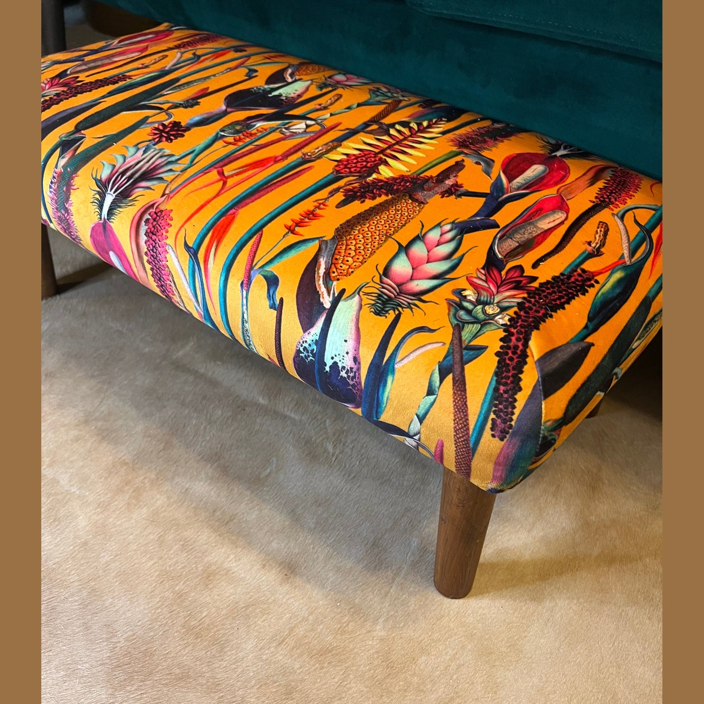 Botanical lily mustard velvet Footstool