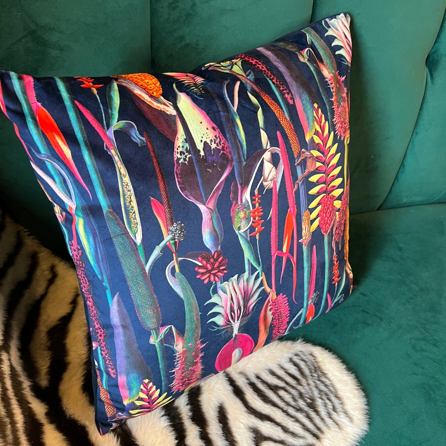 Botanical lily luxury navy velvet cushion