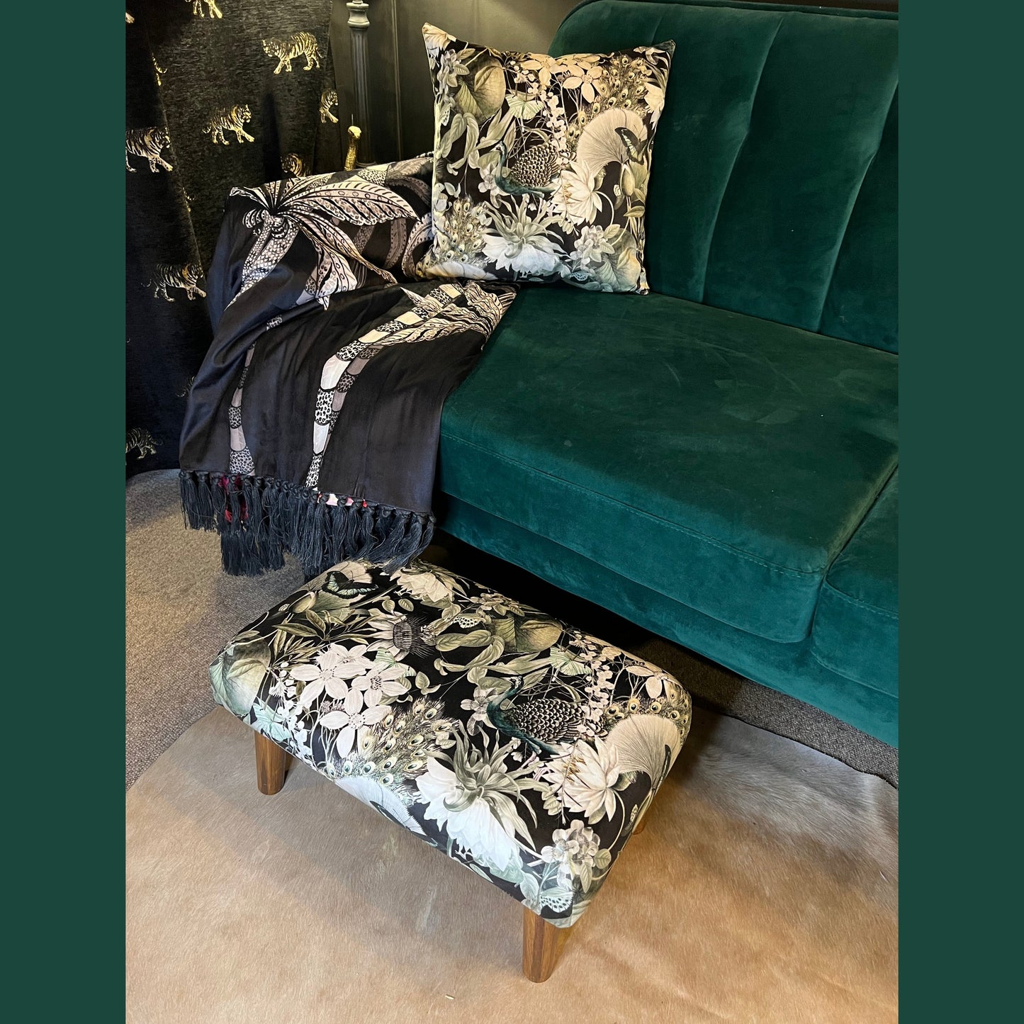 Peacocks and butterflies luxury velvet Footstool