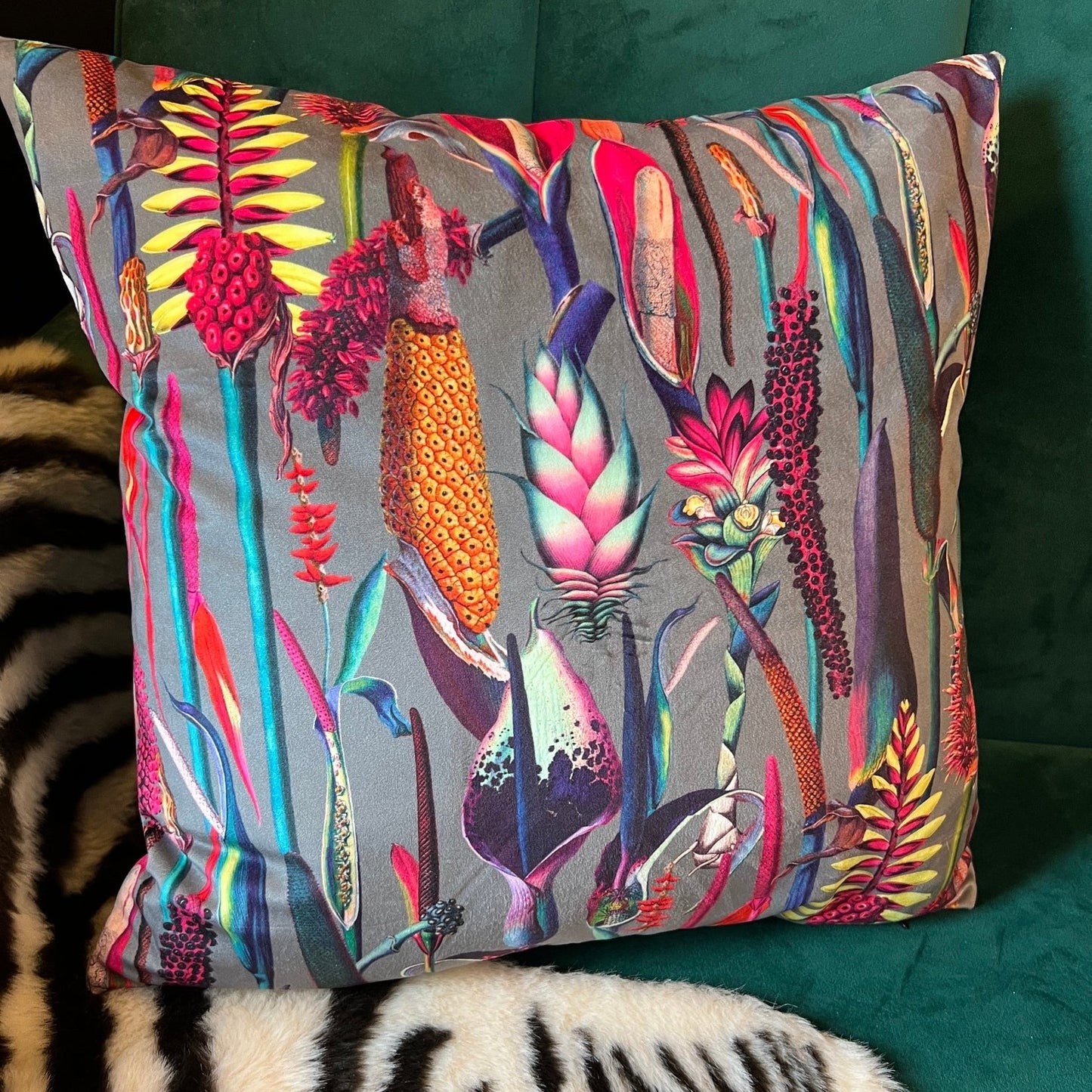 Botanical lily grey luxury velvet cushion