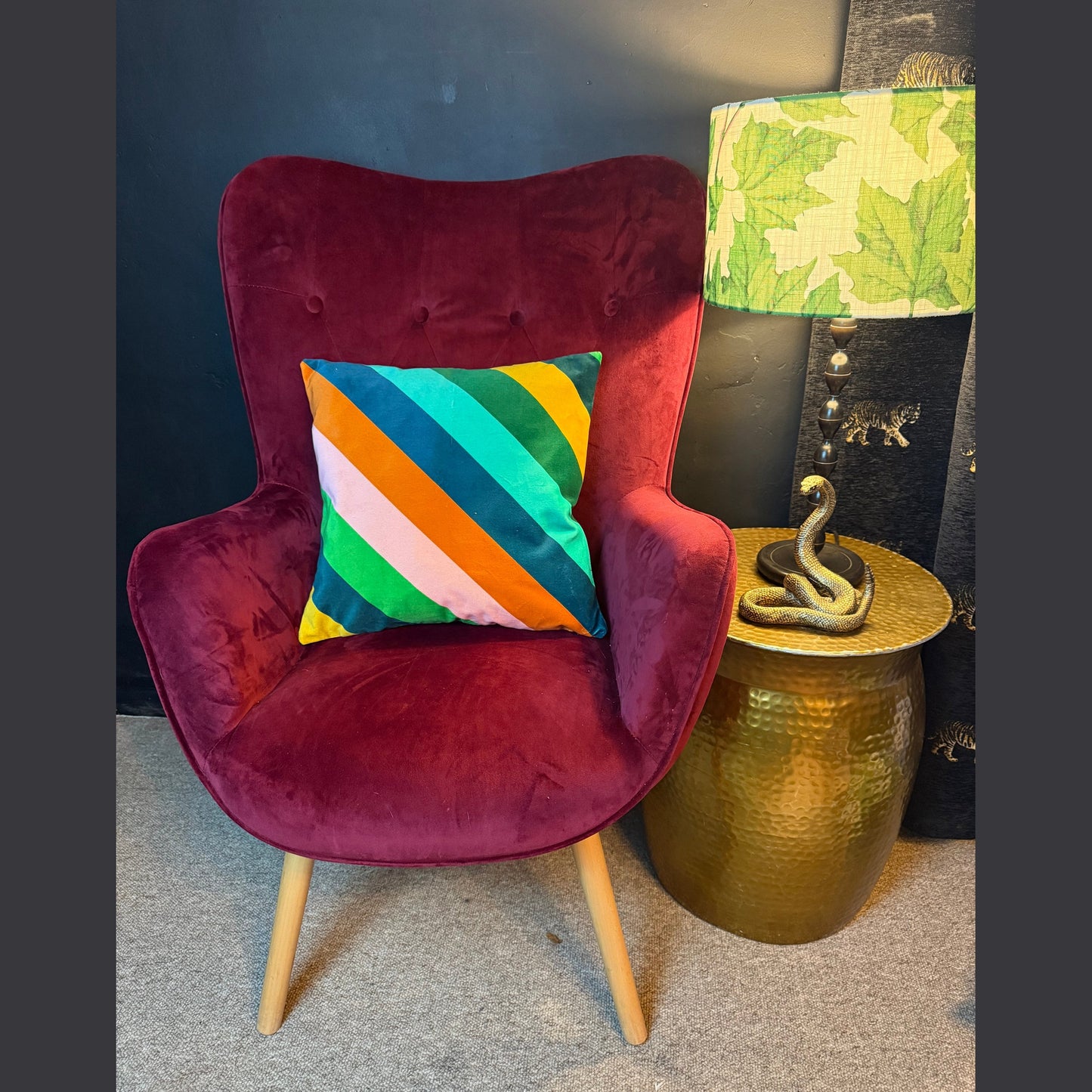 Sherbet stripe luxury green velvet cushion Sophie Robinson Harlequin