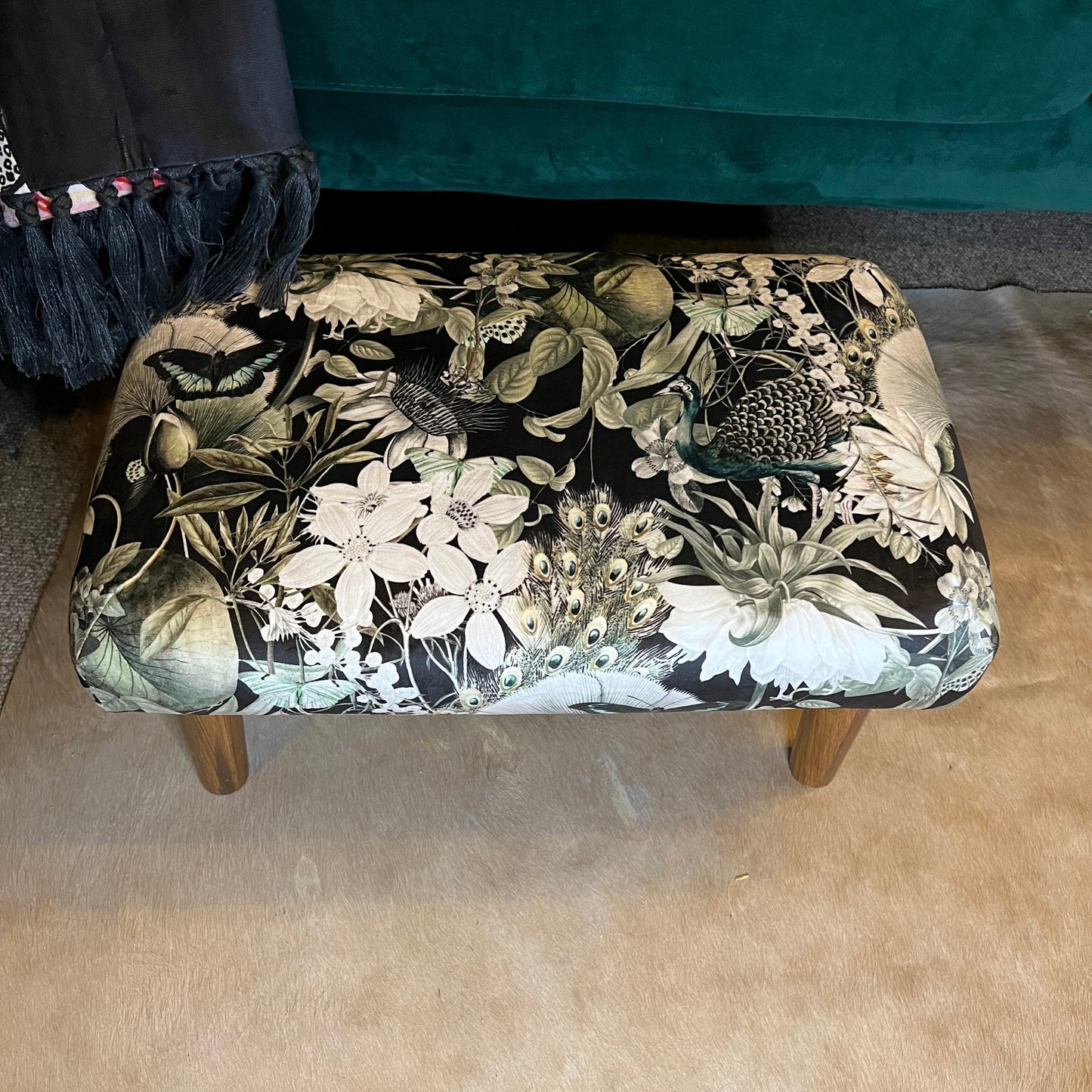 Peacocks and butterflies luxury velvet Footstool