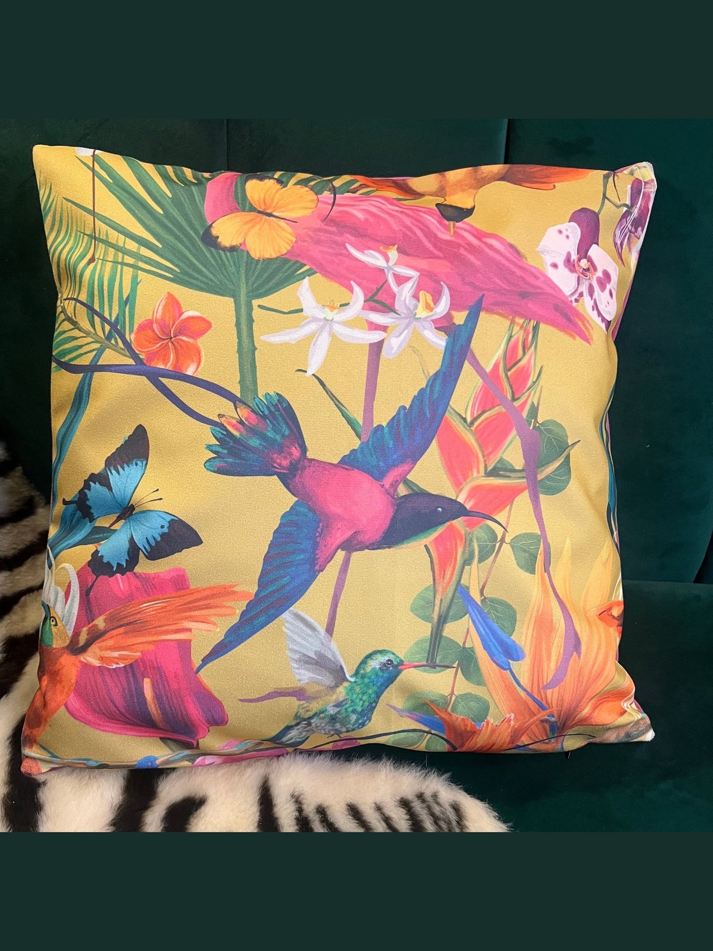 Tropical humming birds luxury velvet cushion