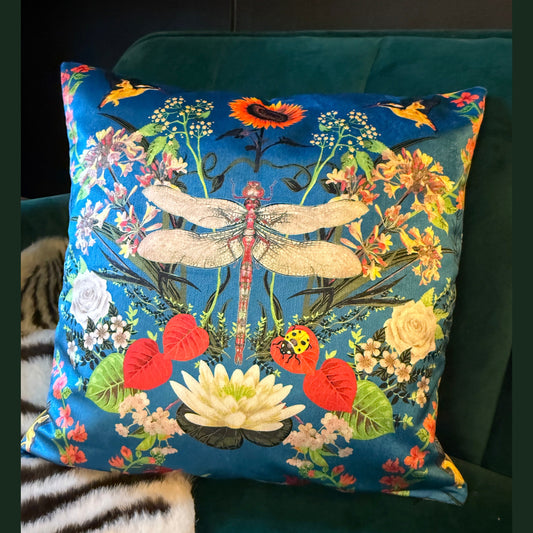 Garden treasures topaz blue luxury velvet cushion Becca Who