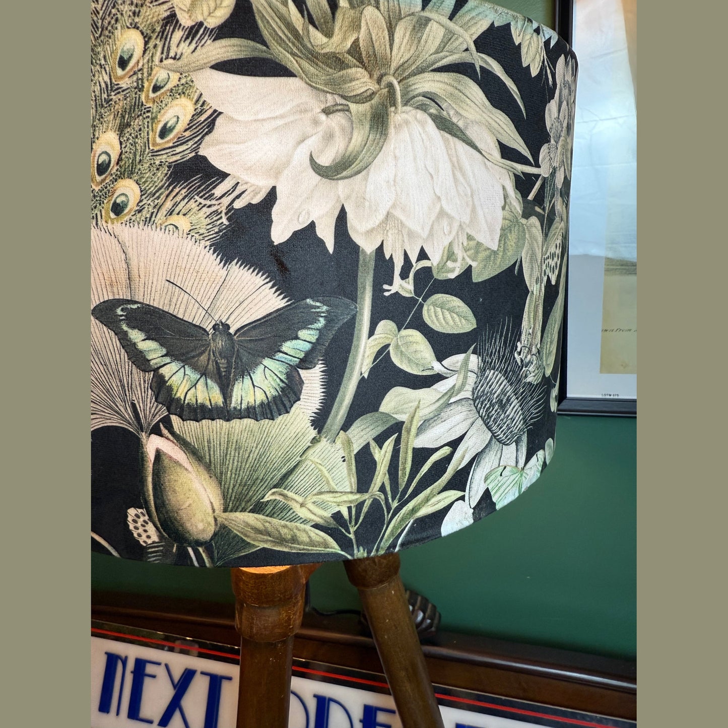 Peacocks & butterflies black velvet lampshade