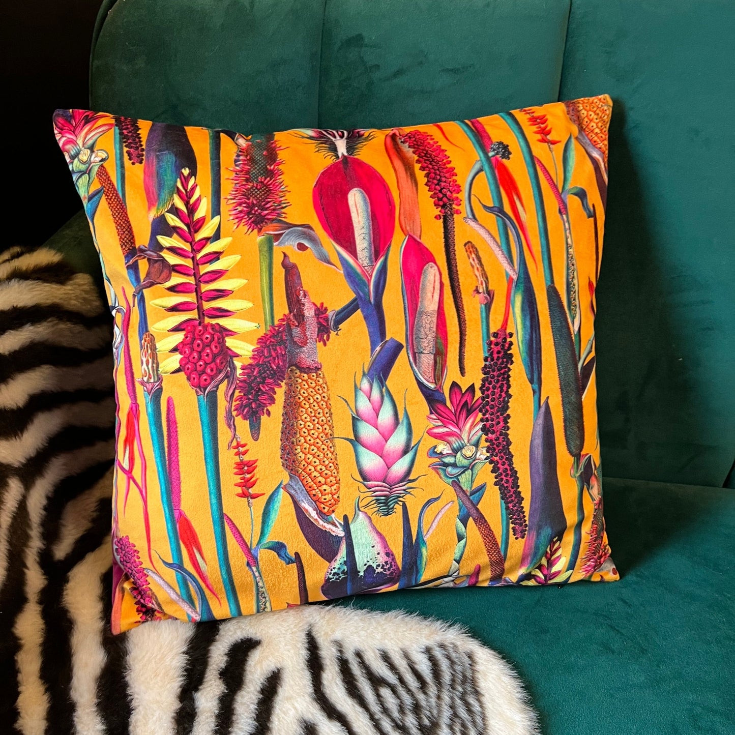 Botanical lily luxury mustard velvet cushion